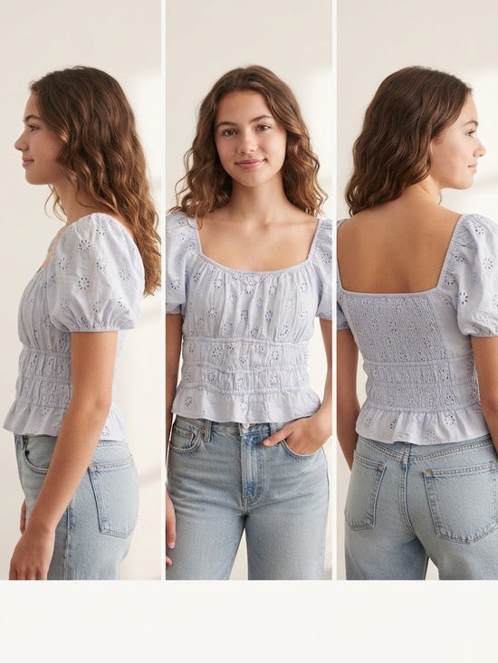 Hollister Tops - Hollister Light Blue Eyelet Embroidered Peasant Top w Puff Sleeves